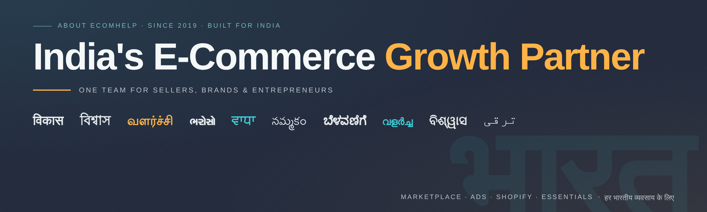 About eComHelp — India's e-commerce growth partner since 2019, serving Indian businesses in every language