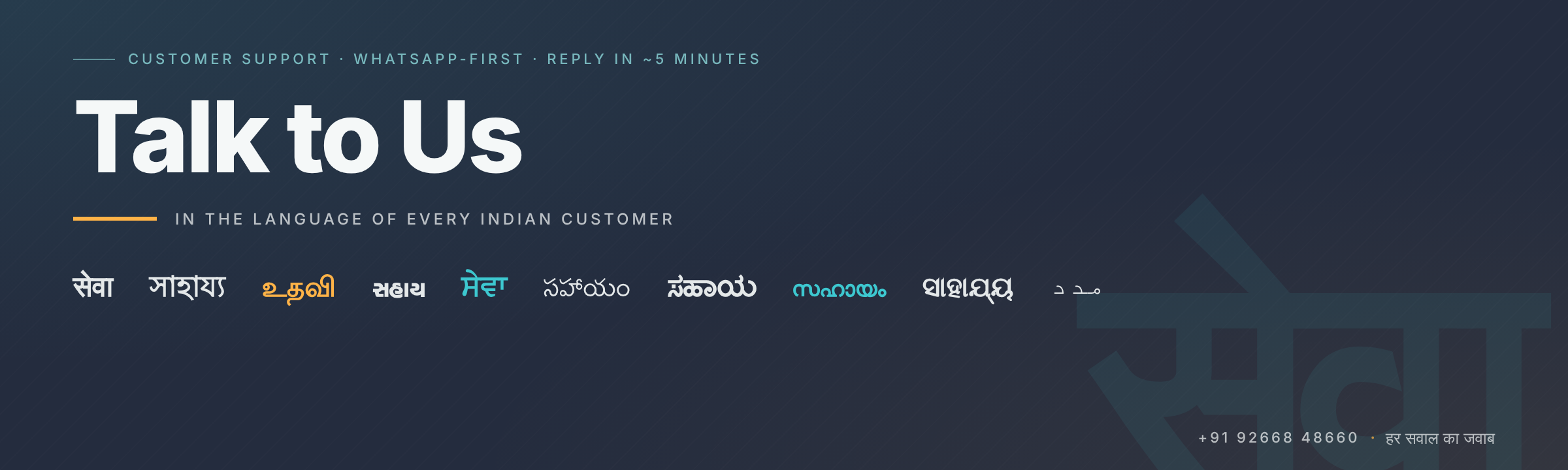 Talk to Us — Customer Support in every Indian language · WhatsApp +91 92668 48660 · Reply in 5 minutes