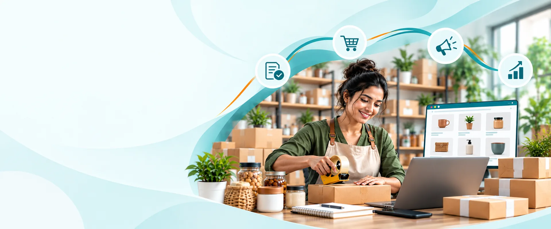 A seller packing orders while her products go live online