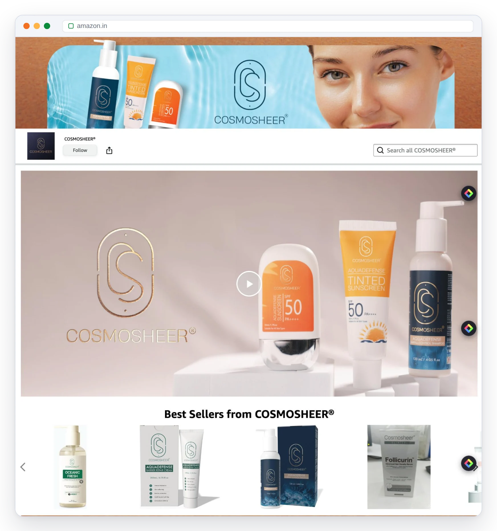 Cosmosheer Amazon Brand Store — brand banner, hero video and best sellers